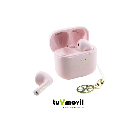 Auriculares GUESS TWS Brillo Logo Clásico y Charm Colgante Rosa y negro